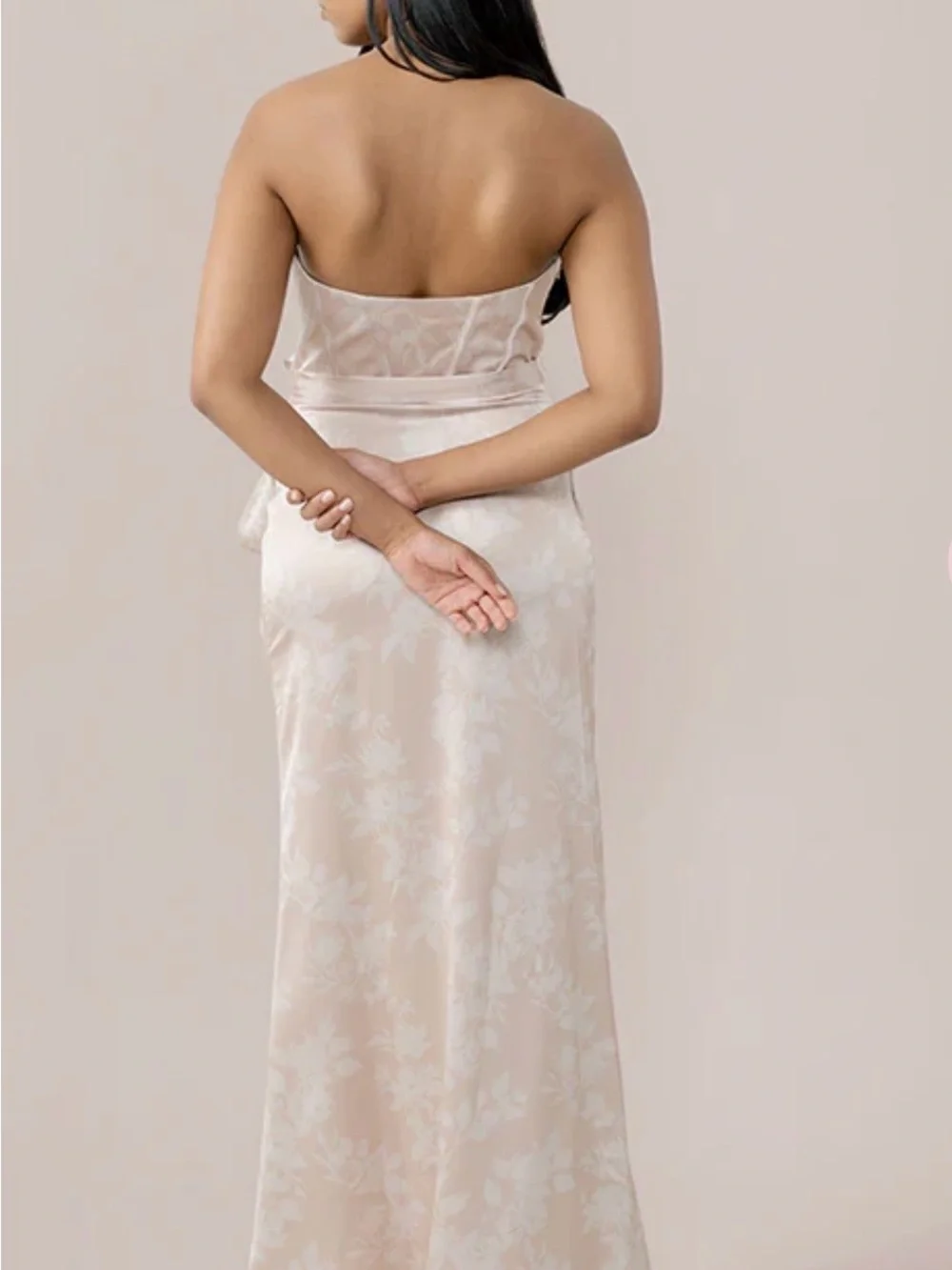 Revelry “Amara” Strapless Bridesmaid Dress — Champagne Floral Print
